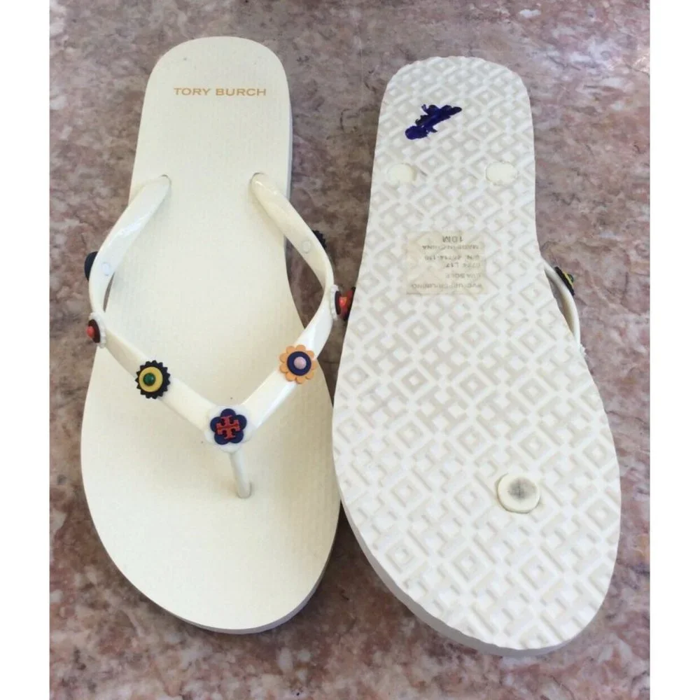 New Tory Burch Ivory White Jelly Multicolor Studded Thong Sandals Size 10M, $178